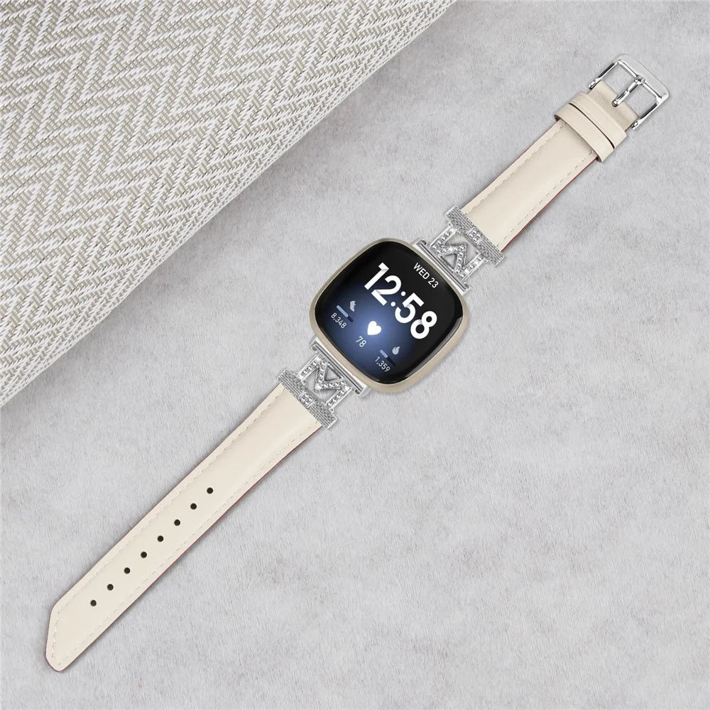 For Fitbit Versa 3 / Versa 4 / Sense / Sense 2 M Shape Rhinestone Decor Genuine Cowhide Leather Watch Strap with Silver Buckle - Apricot - 4
