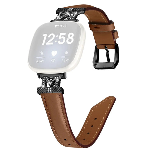 Watch Strap for Fitbit Versa 3 / Versa 4 / Sense / Sense 2 M Shape Rhinestone Decor Genuine Cowhide Leather Band with Black Buckle - Brown - 1