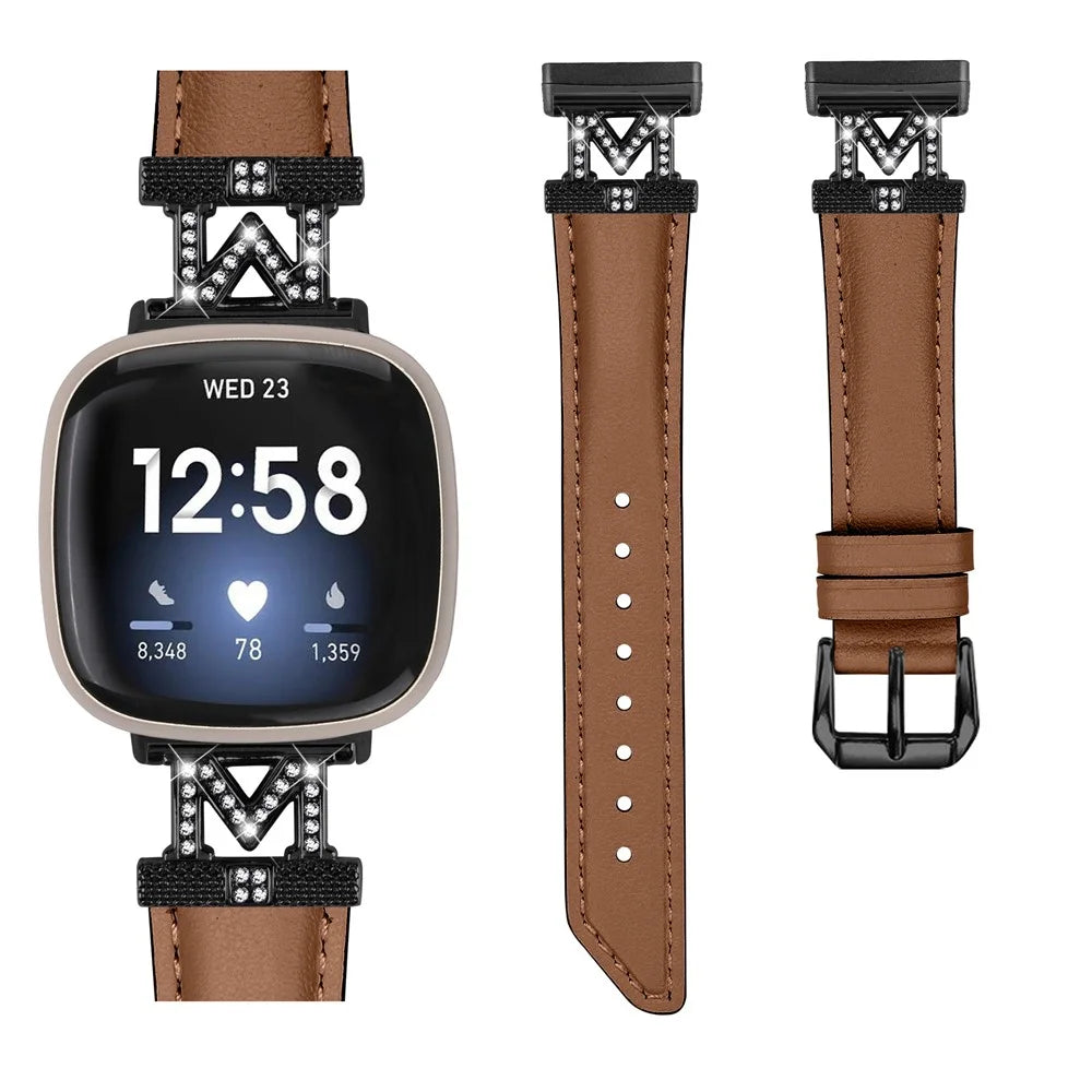 Watch Strap for Fitbit Versa 3 / Versa 4 / Sense / Sense 2 M Shape Rhinestone Decor Genuine Cowhide Leather Band with Black Buckle - Brown - 2