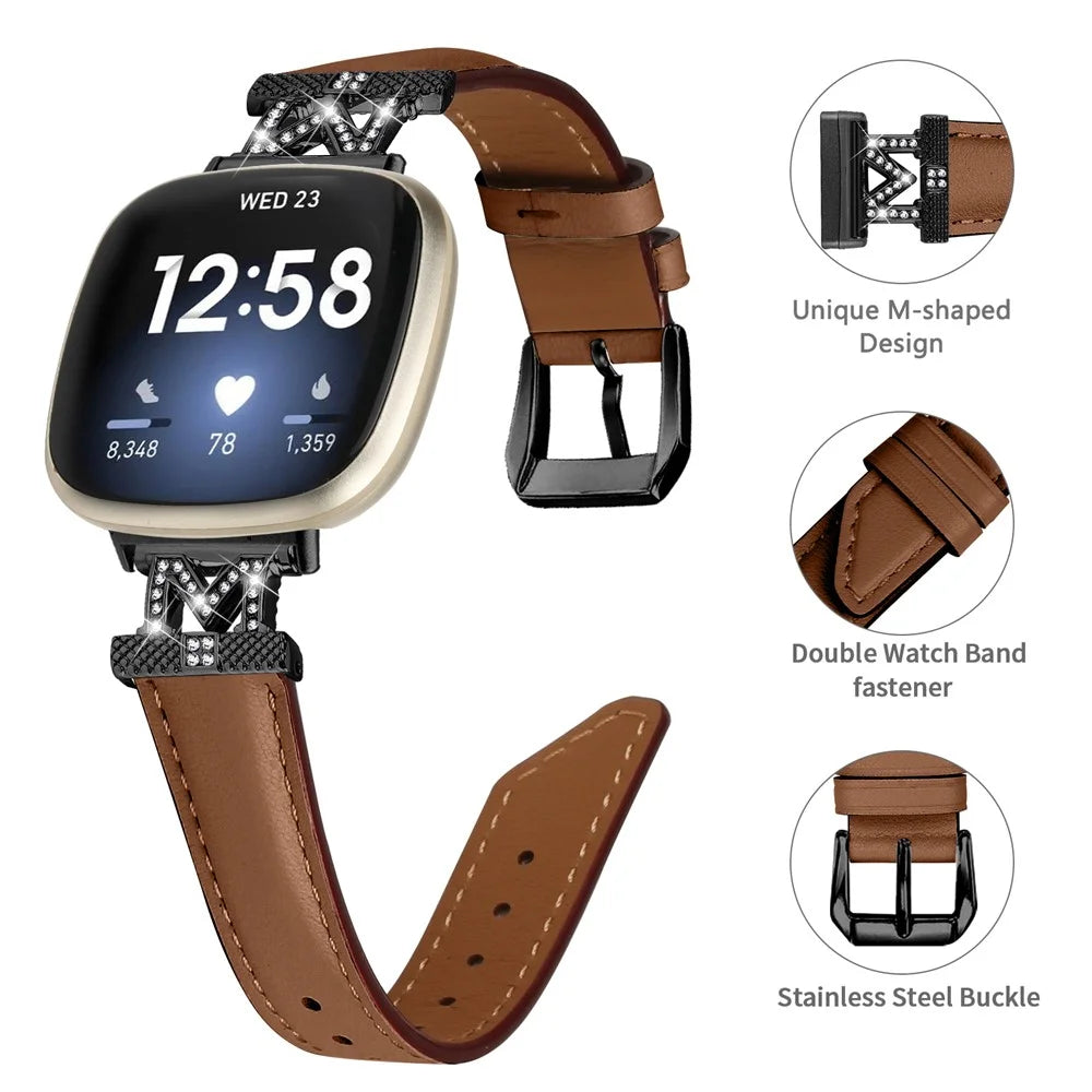 Watch Strap for Fitbit Versa 3 / Versa 4 / Sense / Sense 2 M Shape Rhinestone Decor Genuine Cowhide Leather Band with Black Buckle - Brown - 3