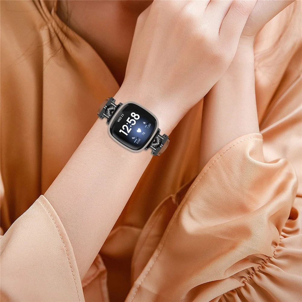 Watch Strap for Fitbit Versa 3 / Versa 4 / Sense / Sense 2 M Shape Rhinestone Decor Genuine Cowhide Leather Band with Black Buckle - Brown - 5