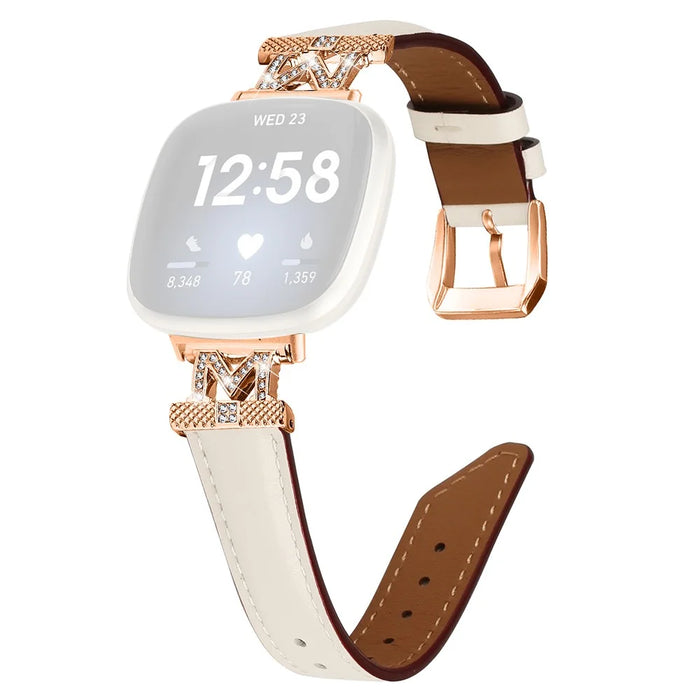 M Shape Rhinestone Watchband for Fitbit Versa 3 / Versa 4 / Sense / Sense 2 Genuine Cowhide Leather Watch Strap with Rose Gold Buckle - Apricot - 1