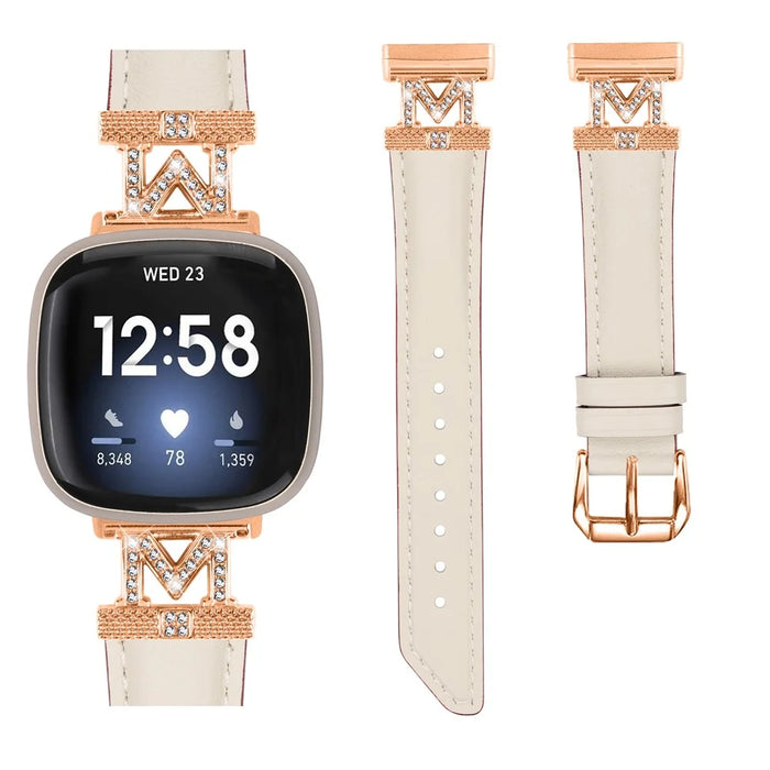 M Shape Rhinestone Watchband for Fitbit Versa 3 / Versa 4 / Sense / Sense 2 Genuine Cowhide Leather Watch Strap with Rose Gold Buckle - Apricot - 2