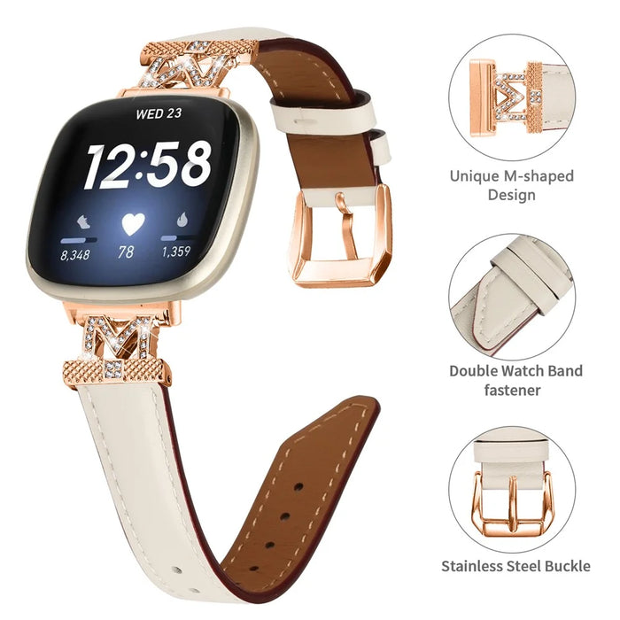 M Shape Rhinestone Watchband for Fitbit Versa 3 / Versa 4 / Sense / Sense 2 Genuine Cowhide Leather Watch Strap with Rose Gold Buckle - Apricot - 3
