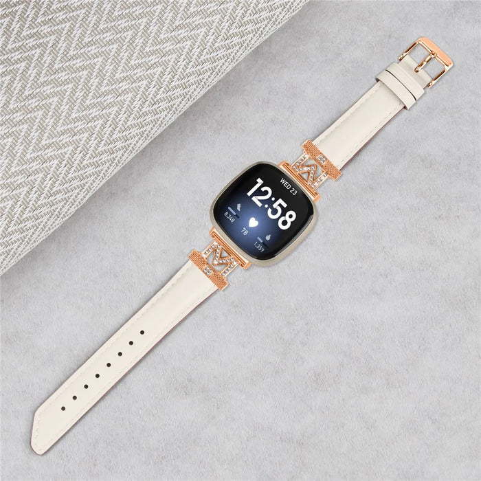 M Shape Rhinestone Watchband for Fitbit Versa 3 / Versa 4 / Sense / Sense 2 Genuine Cowhide Leather Watch Strap with Rose Gold Buckle - Apricot - 4