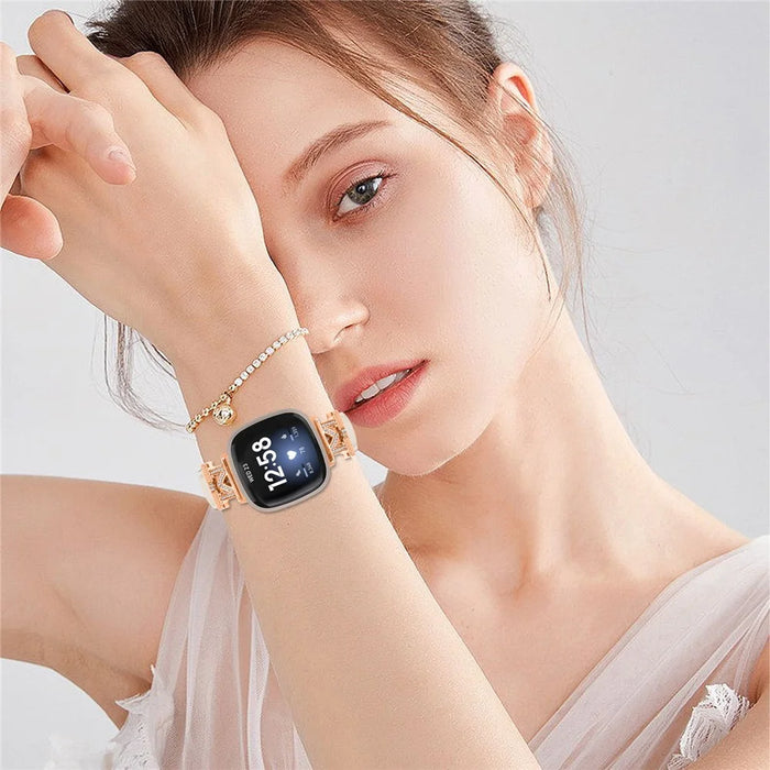 M Shape Rhinestone Watchband for Fitbit Versa 3 / Versa 4 / Sense / Sense 2 Genuine Cowhide Leather Watch Strap with Rose Gold Buckle - Apricot - 6