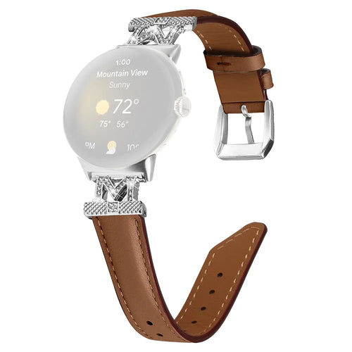 For Google Pixel Watch 4 41mm / Watch 3 41mm / Watch 2 / Watch Silver Buckle Genuine Cowhide Leather Watch Strap with M Shape Rhinestone Decor - Brown - 1