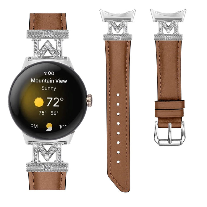 For Google Pixel Watch 4 41mm / Watch 3 41mm / Watch 2 / Watch Silver Buckle Genuine Cowhide Leather Watch Strap with M Shape Rhinestone Decor - Brown - 2