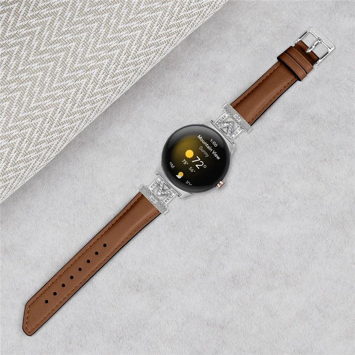 For Google Pixel Watch 4 41mm / Watch 3 41mm / Watch 2 / Watch Silver Buckle Genuine Cowhide Leather Watch Strap with M Shape Rhinestone Decor - Brown - 4