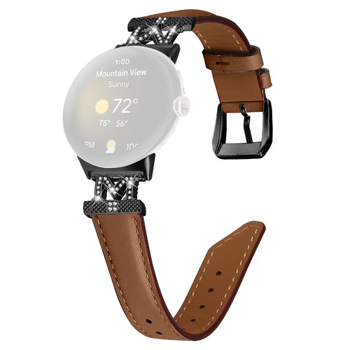 Watch Band for Google Pixel Watch 4 41mm / Watch 3 41mm / Watch 2 / Watch Black Buckle Genuine Cowhide Leather Strap with M Shape Rhinestone Decor - Brown - 1
