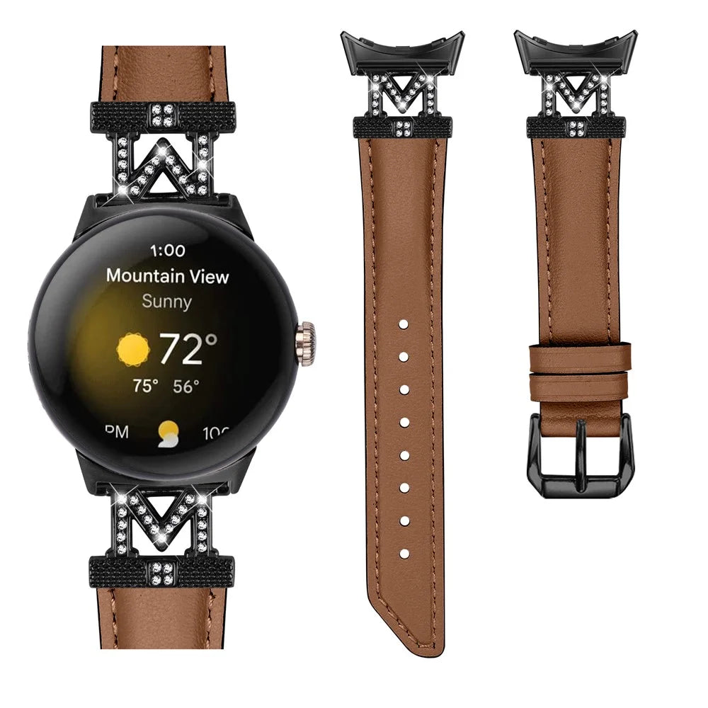 Watch Band for Google Pixel Watch 4 41mm / Watch 3 41mm / Watch 2 / Watch Black Buckle Genuine Cowhide Leather Strap with M Shape Rhinestone Decor - Brown - 2