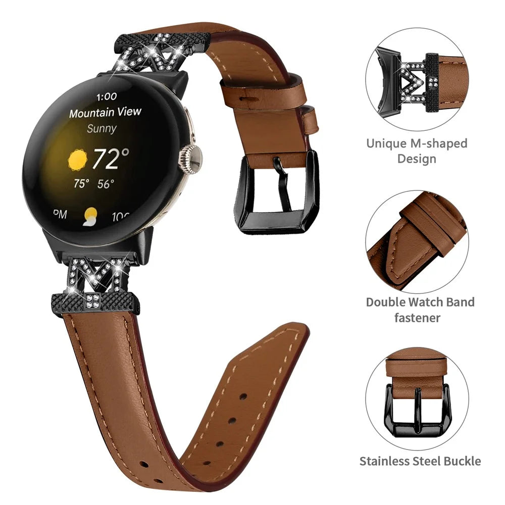 Watch Band for Google Pixel Watch 4 41mm / Watch 3 41mm / Watch 2 / Watch Black Buckle Genuine Cowhide Leather Strap with M Shape Rhinestone Decor - Brown - 3
