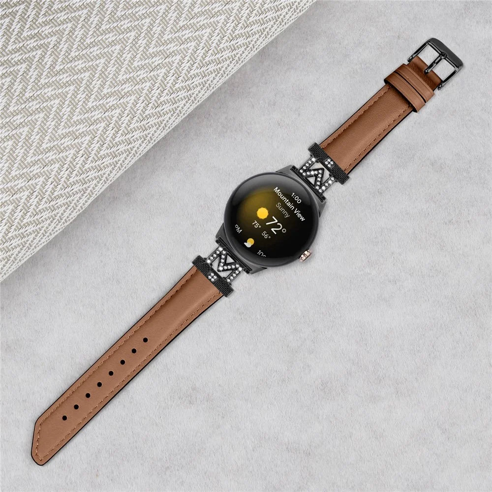Watch Band for Google Pixel Watch 4 41mm / Watch 3 41mm / Watch 2 / Watch Black Buckle Genuine Cowhide Leather Strap with M Shape Rhinestone Decor - Brown - 4