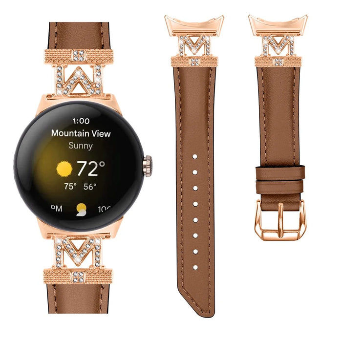 For Google Pixel Watch 4 41mm / Watch 3 41mm / Watch 2 / Watch Rose Gold Buckle Genuine Cowhide Leather Adjustable Watch Strap with M Shape Rhinestone Decor - Brown - 2
