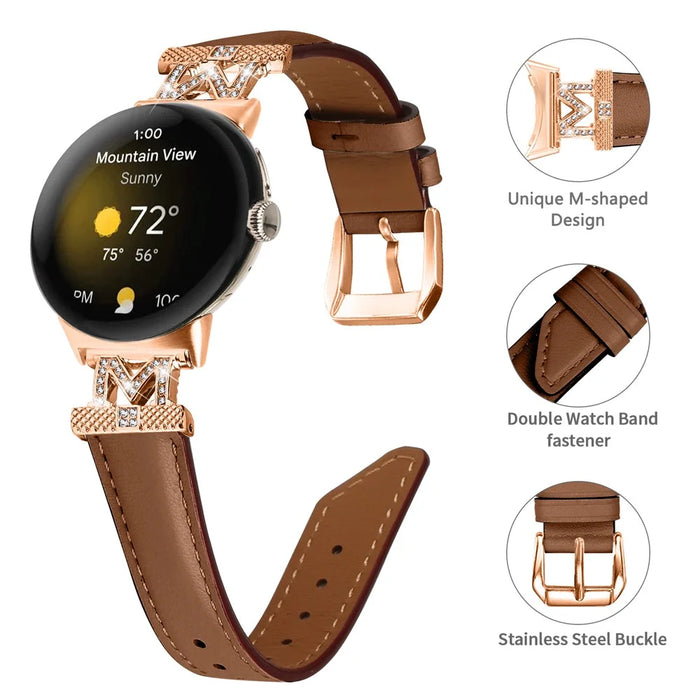 For Google Pixel Watch 4 41mm / Watch 3 41mm / Watch 2 / Watch Rose Gold Buckle Genuine Cowhide Leather Adjustable Watch Strap with M Shape Rhinestone Decor - Brown - 3