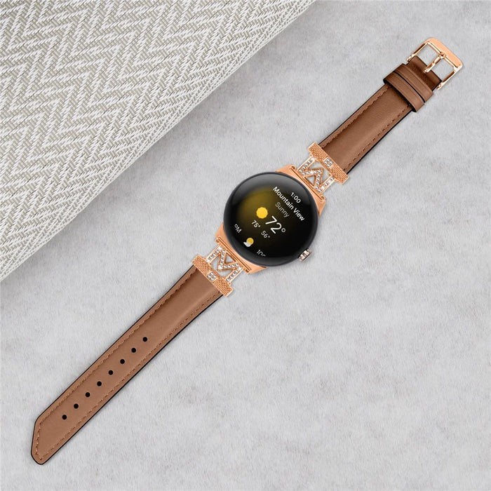 For Google Pixel Watch 4 41mm / Watch 3 41mm / Watch 2 / Watch Rose Gold Buckle Genuine Cowhide Leather Adjustable Watch Strap with M Shape Rhinestone Decor - Brown - 4