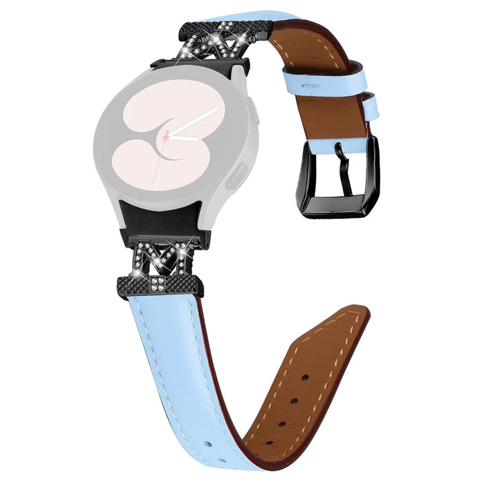 Watch Band for Samsung Galaxy Watch 5 / Watch4 44mm 40mm Rhinestone M-shape Connector Genuine Cow Leather Strap with Black Buckle - Blue - 1