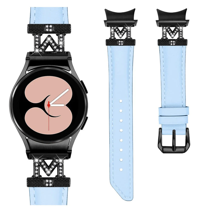 Watch Band for Samsung Galaxy Watch 5 / Watch4 44mm 40mm Rhinestone M-shape Connector Genuine Cow Leather Strap with Black Buckle - Blue - 2