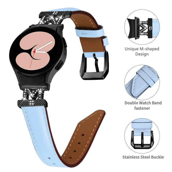 Watch Band for Samsung Galaxy Watch 5 / Watch4 44mm 40mm Rhinestone M-shape Connector Genuine Cow Leather Strap with Black Buckle - Blue - 3