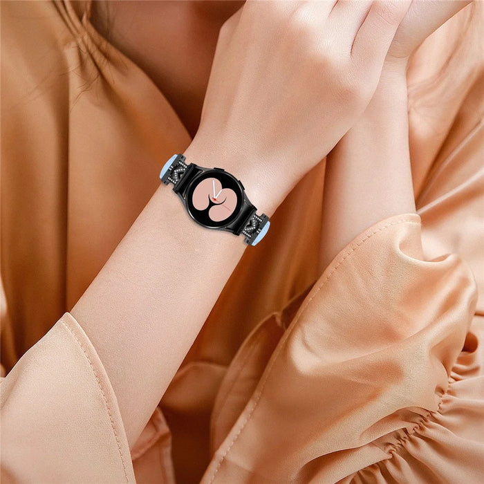 Watch Band for Samsung Galaxy Watch 5 / Watch4 44mm 40mm Rhinestone M-shape Connector Genuine Cow Leather Strap with Black Buckle - Blue - 5