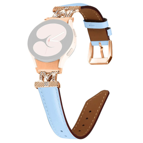 Genuine Cow Leather Band for Samsung Galaxy Watch 5 / Watch4 44mm 40mm Rhinestone M-shape Connector Strap with Rose Gold Buckle - Blue - 1
