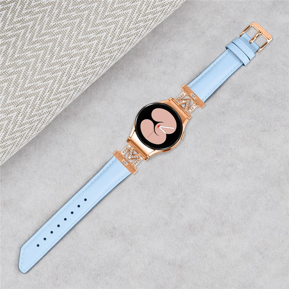 Genuine Cow Leather Band for Samsung Galaxy Watch 5 / Watch4 44mm 40mm Rhinestone M-shape Connector Strap with Rose Gold Buckle - Blue - 4