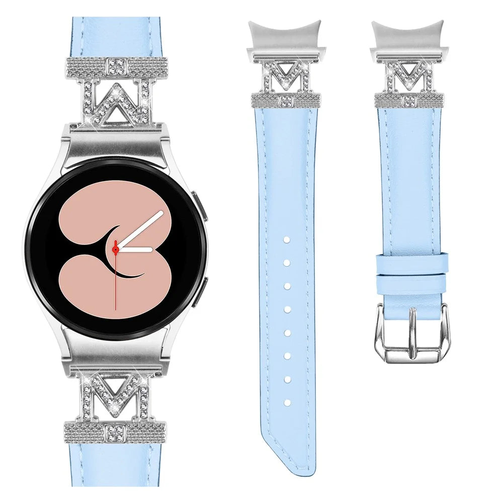 Watch Band for Samsung Galaxy Watch6 40mm 44mm / Watch6 Classic 43mm 47mm Genuine Cow Leather Rhinestone M-shape Connector Strap with Silver Buckle - Blue - 2