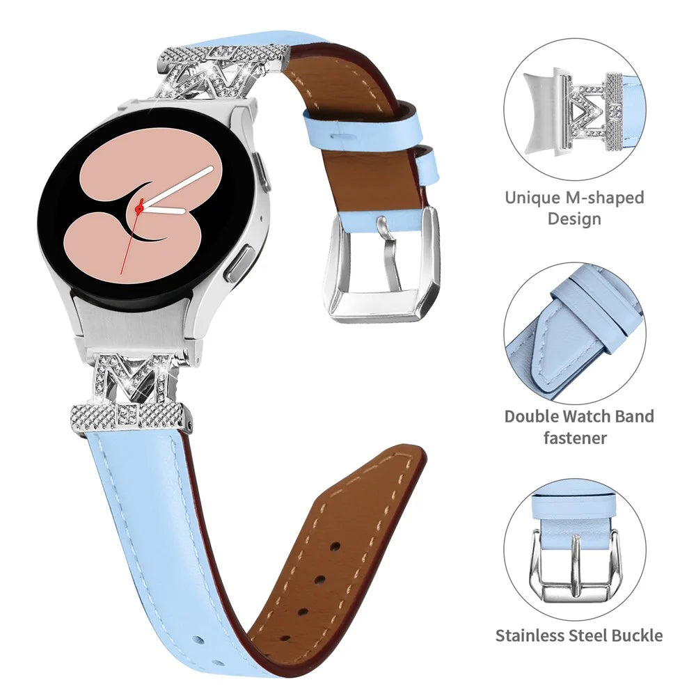 Watch Band for Samsung Galaxy Watch6 40mm 44mm / Watch6 Classic 43mm 47mm Genuine Cow Leather Rhinestone M-shape Connector Strap with Silver Buckle - Blue - 3