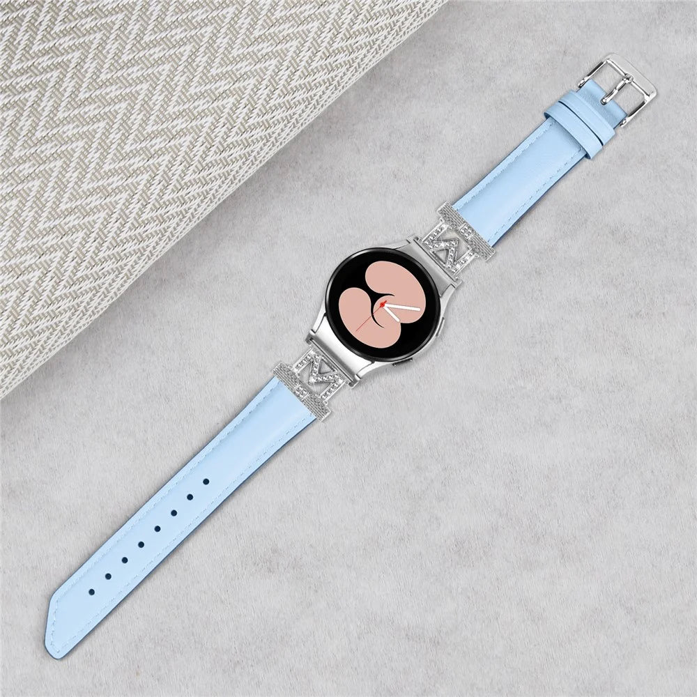 Watch Band for Samsung Galaxy Watch6 40mm 44mm / Watch6 Classic 43mm 47mm Genuine Cow Leather Rhinestone M-shape Connector Strap with Silver Buckle - Blue - 4