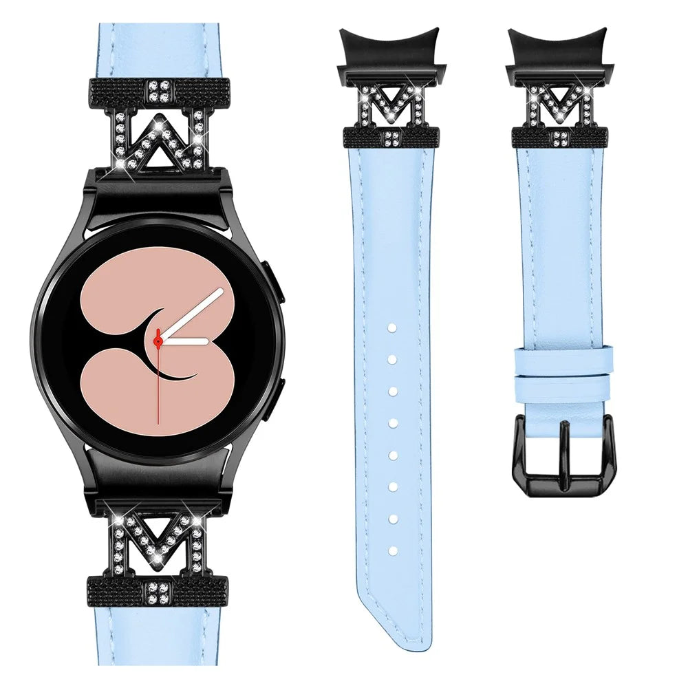 Genuine Cow Leather Band for Samsung Galaxy Watch6 40mm 44mm / Watch6 Classic 43mm 47mm Rhinestone M-shape Connector Watch Strap with Black Buckle - Blue - 2