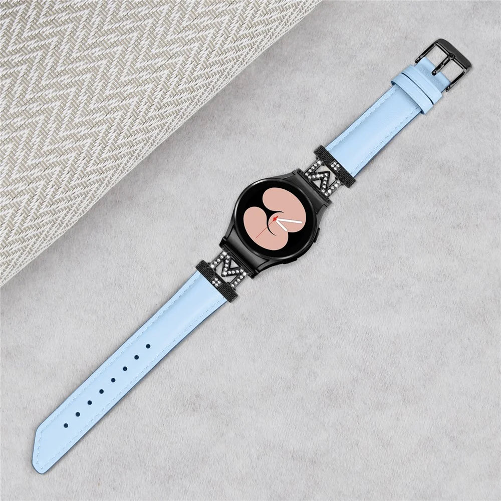 Genuine Cow Leather Band for Samsung Galaxy Watch6 40mm 44mm / Watch6 Classic 43mm 47mm Rhinestone M-shape Connector Watch Strap with Black Buckle - Blue - 4