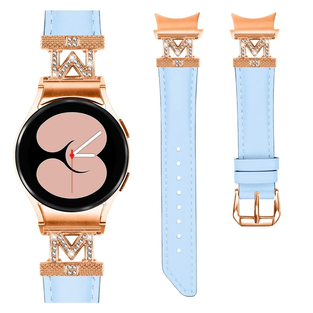 Watch Strap for Samsung Galaxy Watch6 40mm 44mm / Watch6 Classic 43mm 47mm Rhinestone M-shape Connector Genuine Cow Leather Band with Rose Gold Buckle - Blue - 2