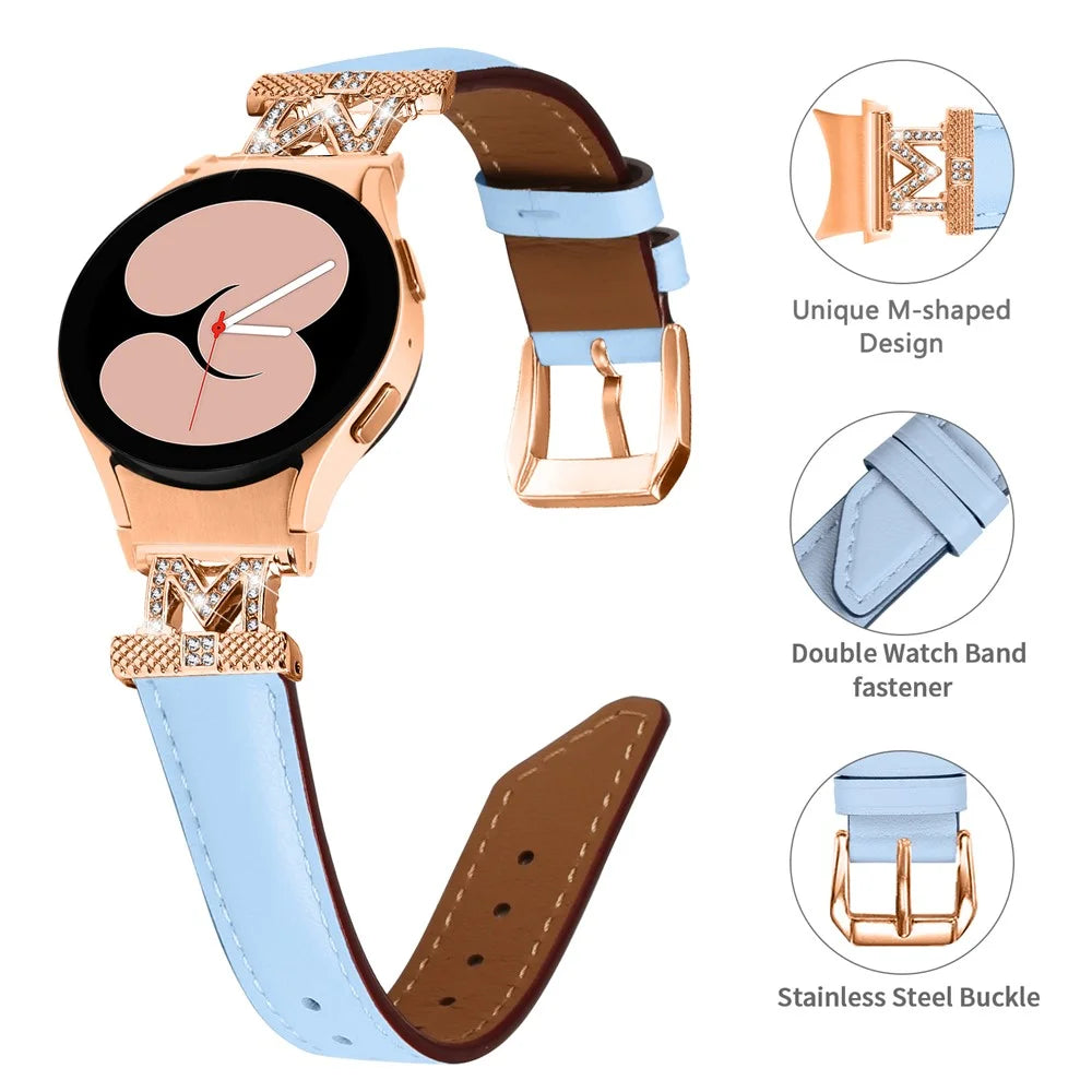 Watch Strap for Samsung Galaxy Watch6 40mm 44mm / Watch6 Classic 43mm 47mm Rhinestone M-shape Connector Genuine Cow Leather Band with Rose Gold Buckle - Blue - 3