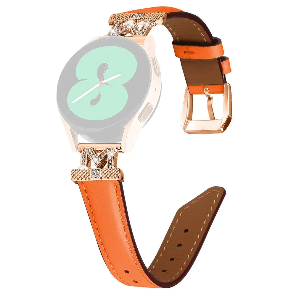 Genuine Cow Leather Band for Samsung Galaxy Watch3 41mm 45mm / Watch 5 40mm 44mm , Rhinestone M-shape 20mm Watch Strap with Rose Gold Buckle - Orange - 1