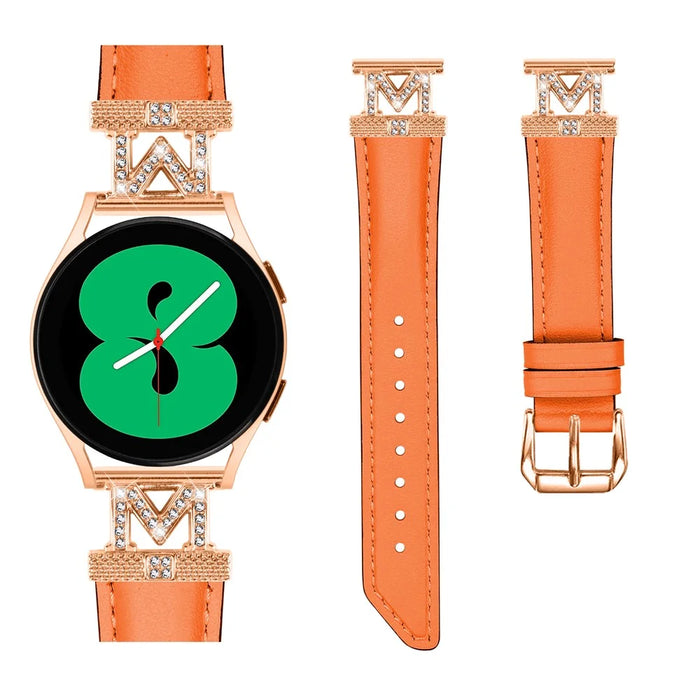 Genuine Cow Leather Band for Samsung Galaxy Watch3 41mm 45mm / Watch 5 40mm 44mm , Rhinestone M-shape 20mm Watch Strap with Rose Gold Buckle - Orange - 2