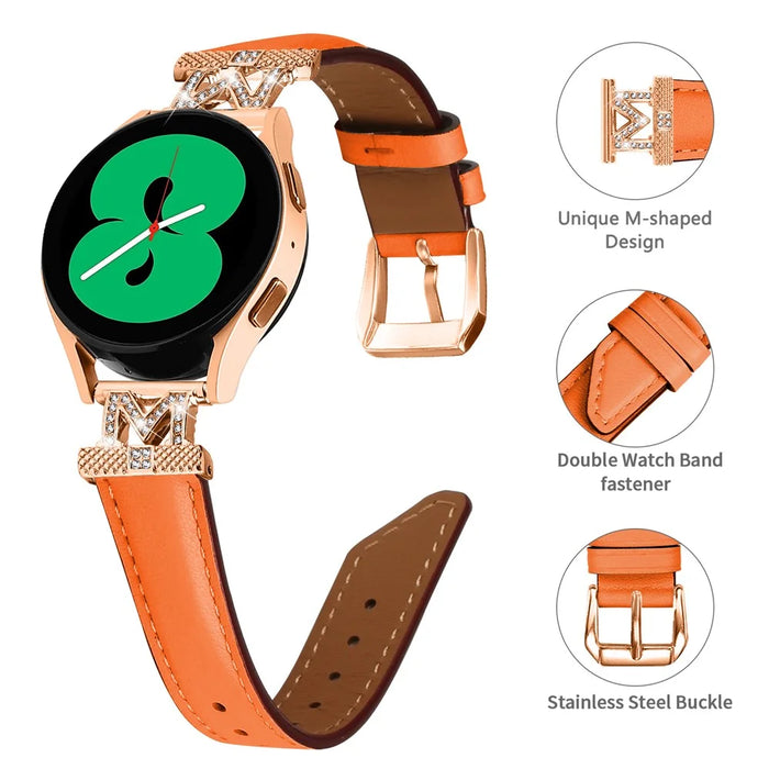 Genuine Cow Leather Band for Samsung Galaxy Watch3 41mm 45mm / Watch 5 40mm 44mm , Rhinestone M-shape 20mm Watch Strap with Rose Gold Buckle - Orange - 3