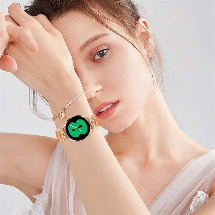 Genuine Cow Leather Band for Samsung Galaxy Watch3 41mm 45mm / Watch 5 40mm 44mm , Rhinestone M-shape 20mm Watch Strap with Rose Gold Buckle - Orange - 6