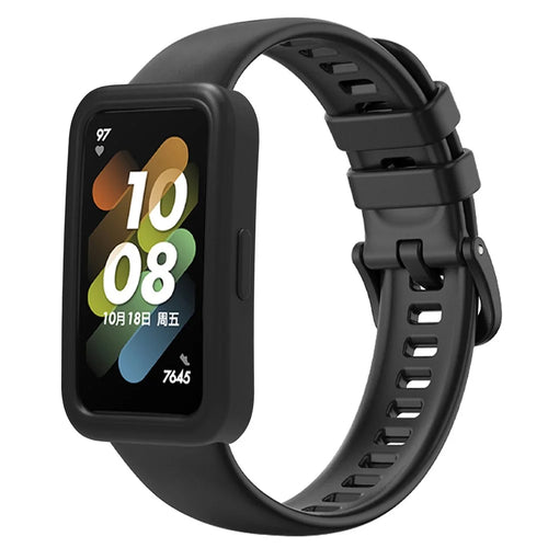 Wrist Strap for Huawei Band 8 / Band 8 NFC / Band 9 / Band 9 NFC Silicone Sport Watch Band with Protective Cover - Black - 1