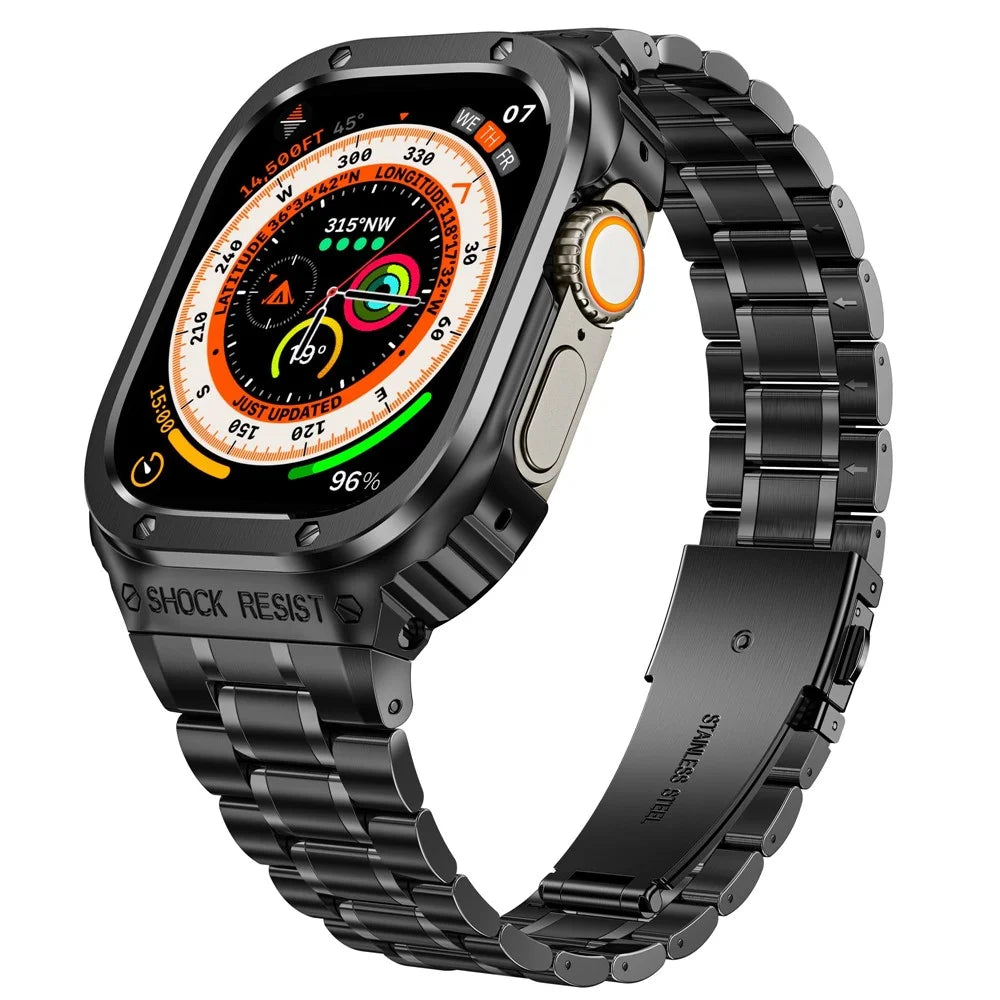 For Apple Watch Series 9  /  8  /  7 45mm Metal Watchband Integral Watch Strap with Case - Black - 1