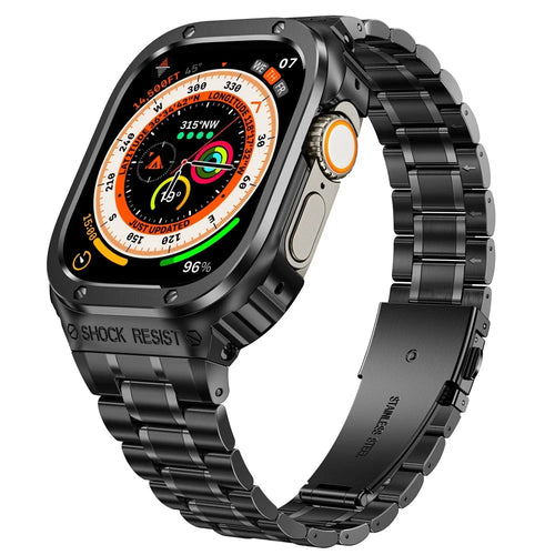 For Apple Watch Series 9  /  8  /  7 45mm Metal Watchband Integral Watch Strap with Case - Black - 1
