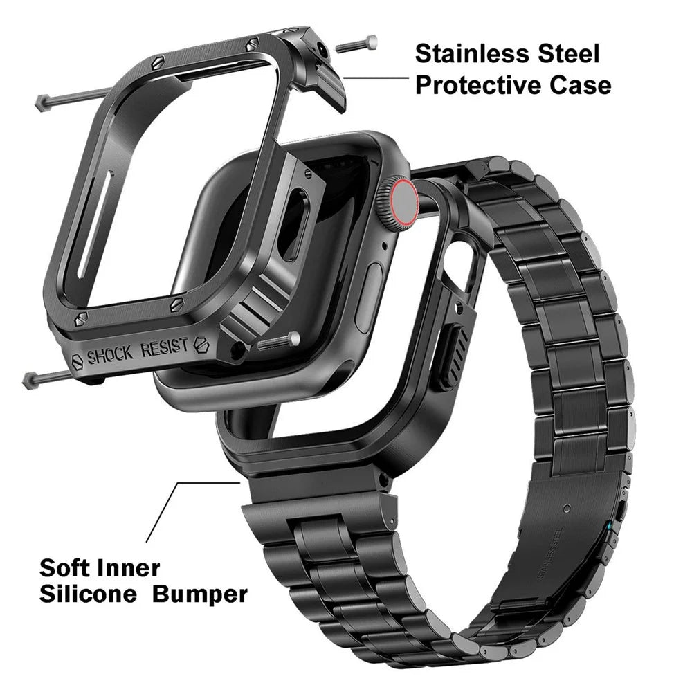 For Apple Watch Series 9  /  8  /  7 45mm Metal Watchband Integral Watch Strap with Case - Black - 2