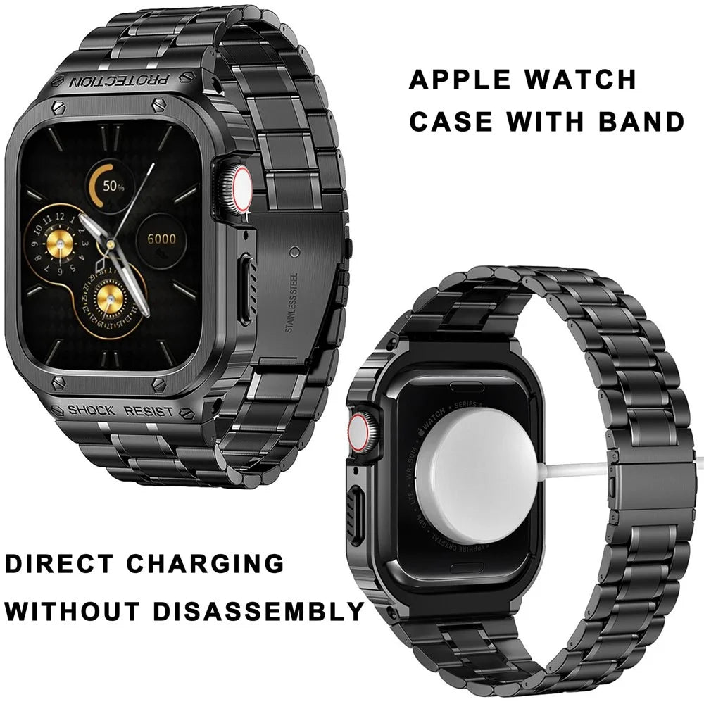 For Apple Watch Series 9  /  8  /  7 45mm Metal Watchband Integral Watch Strap with Case - Black - 4