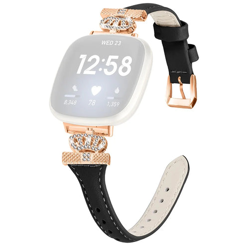 For Fitbit Versa 3 / 4 / Sense / Sense 2 Rose Gold Buckle Watch Strap Crown Rhinestone Band - Black - 1