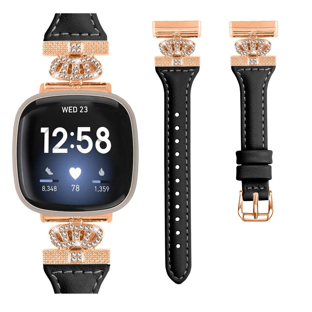 For Fitbit Versa 3 / 4 / Sense / Sense 2 Rose Gold Buckle Watch Strap Crown Rhinestone Band - Black - 2