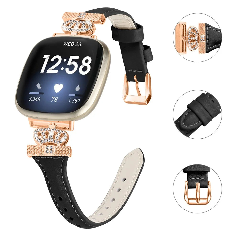 For Fitbit Versa 3 / 4 / Sense / Sense 2 Rose Gold Buckle Watch Strap Crown Rhinestone Band - Black - 3