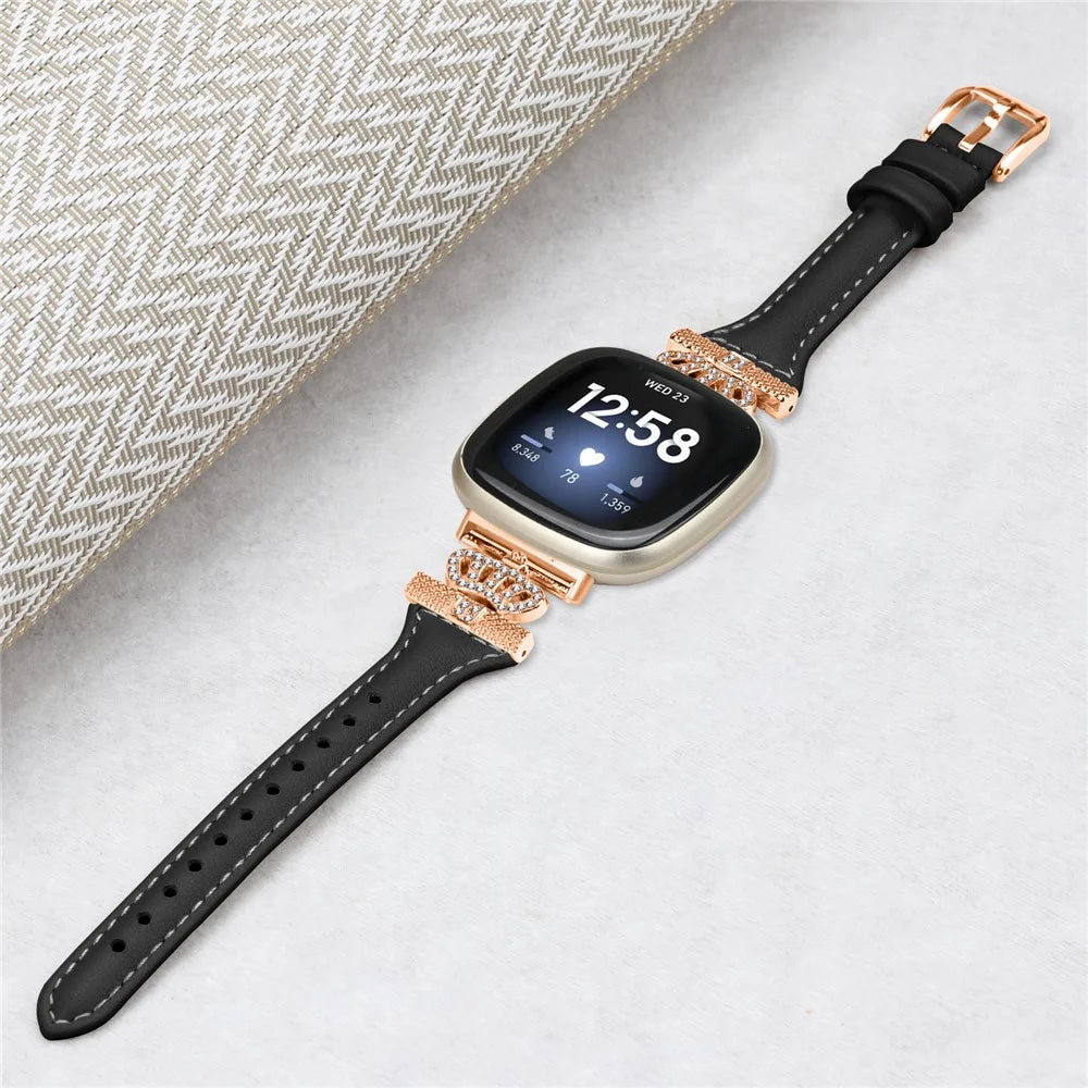 For Fitbit Versa 3 / 4 / Sense / Sense 2 Rose Gold Buckle Watch Strap Crown Rhinestone Band - Black - 4