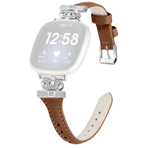 For Fitbit Versa 3 / 4 / Sense / Sense 2 Silver Buckle Watch Band Crown Genuine Cowhide Leather Strap - Brown - 1