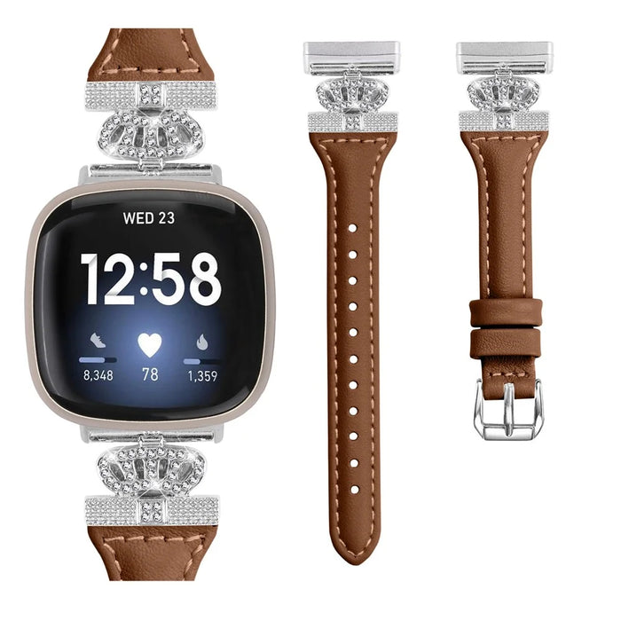 For Fitbit Versa 3 / 4 / Sense / Sense 2 Silver Buckle Watch Band Crown Genuine Cowhide Leather Strap - Brown - 2