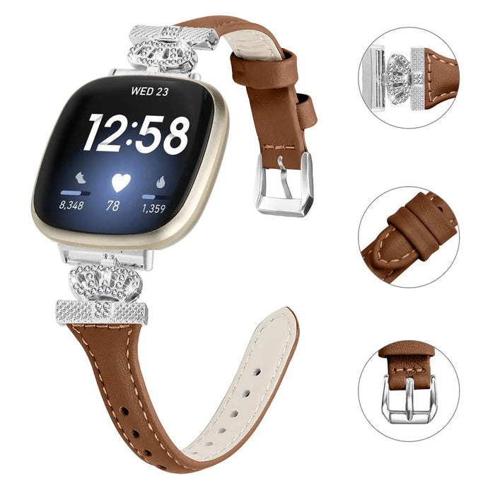 For Fitbit Versa 3 / 4 / Sense / Sense 2 Silver Buckle Watch Band Crown Genuine Cowhide Leather Strap - Brown - 3