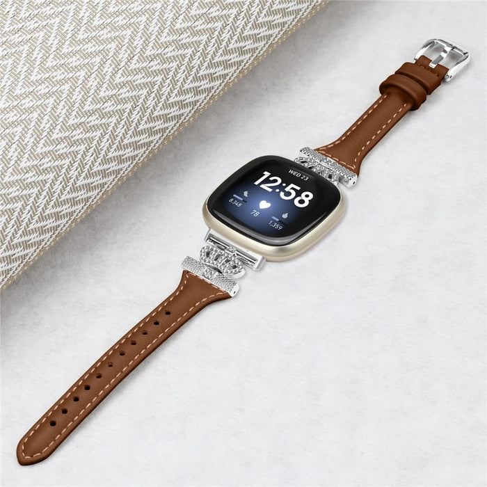 For Fitbit Versa 3 / 4 / Sense / Sense 2 Silver Buckle Watch Band Crown Genuine Cowhide Leather Strap - Brown - 4